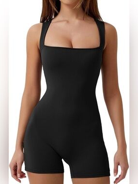 QINSEN Strappy Square Neck Tummy Control Bodycon Athletic Romper in Black Size L